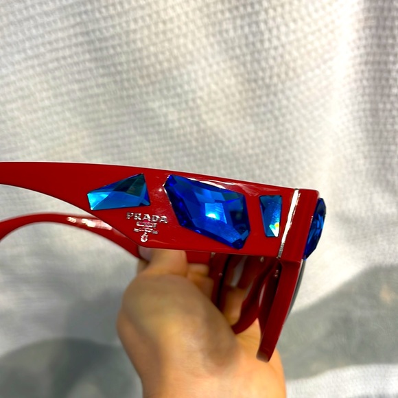 New authentic Prada sunglasses in red with blue stones. main image 6